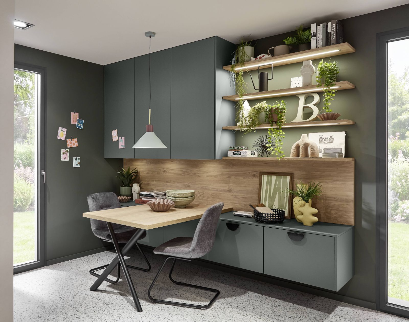 Home office with desk and wall shelving