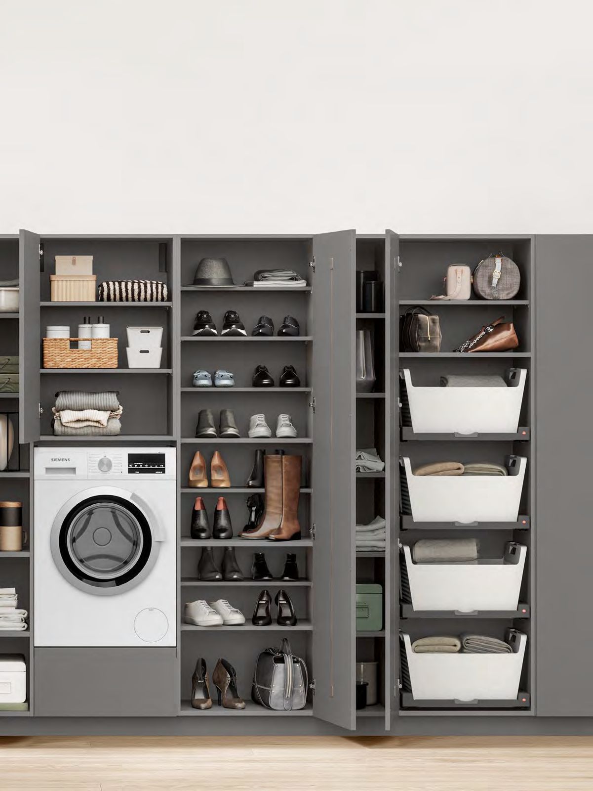 Utility room with washer, shoe and broom storage
