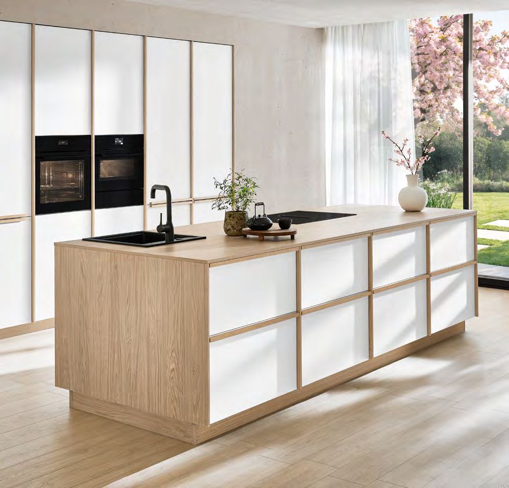 Japandi-style SENSO 488 kitchen with wood-frame island